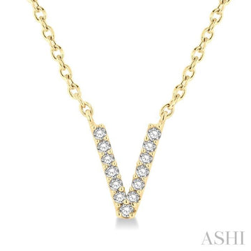 1/20 Ctw Initial 'V' Round Cut Diamond Pendant With Chain in 10K Yellow Gold